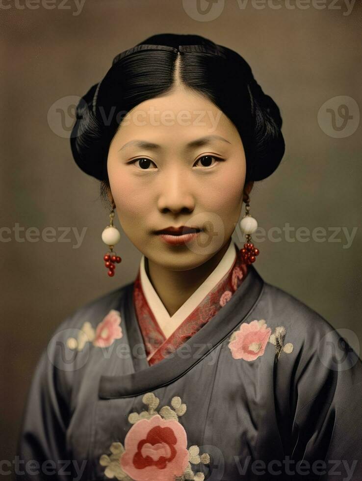 vecchio colorato foto di un' asiatico donna a partire dal il presto 1900 ai generativo