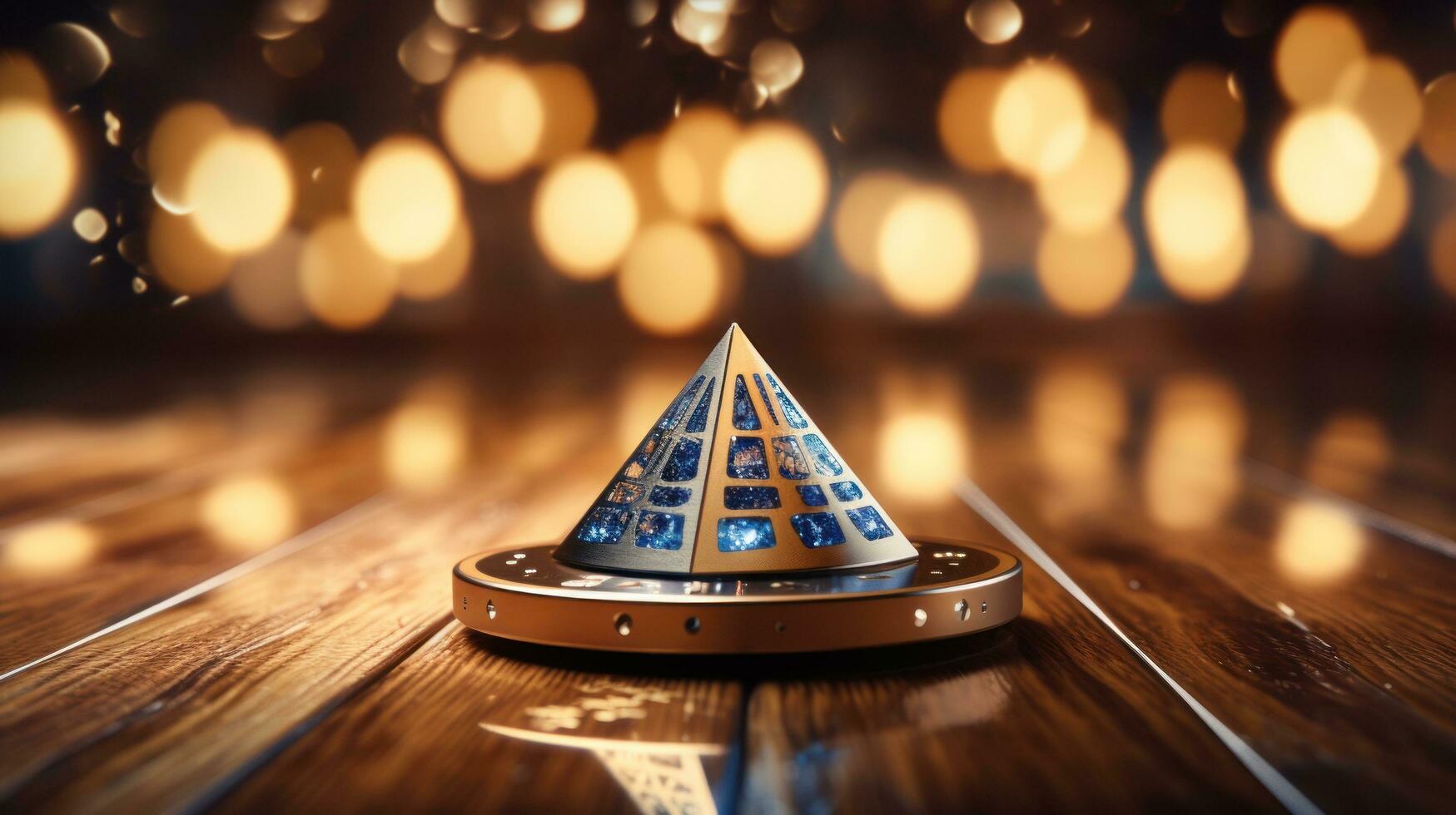 dreidel Filatura su legna pavimento con sfocato luci foto