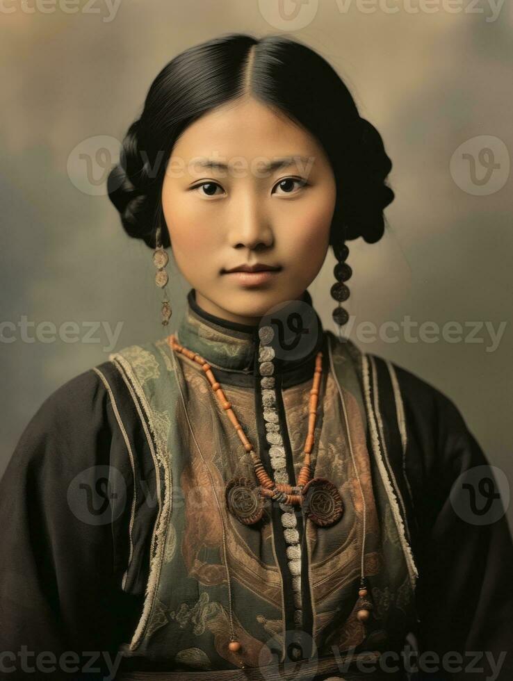 vecchio colorato foto di un' asiatico donna a partire dal il presto 1900 ai generativo