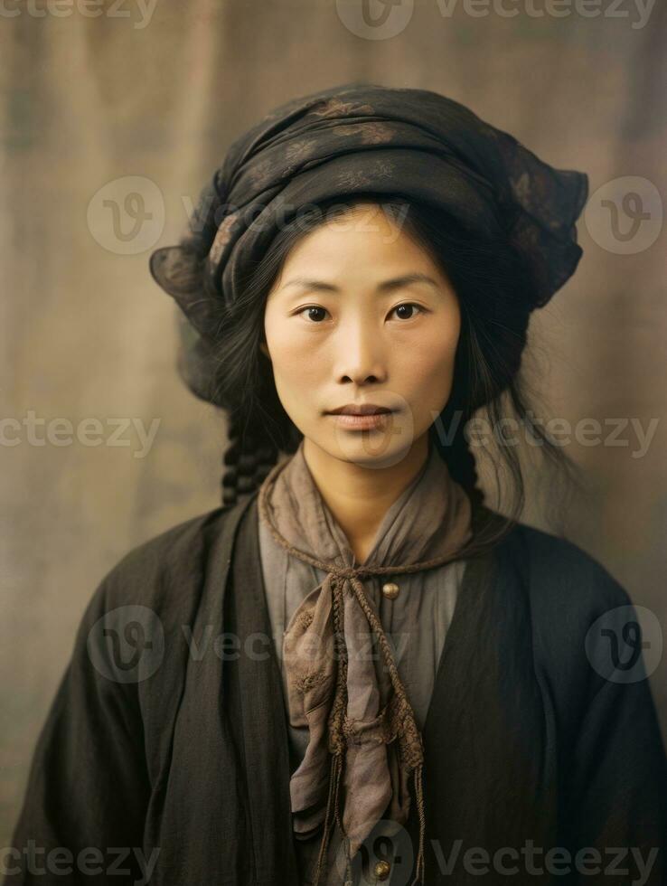 vecchio colorato foto di un' asiatico donna a partire dal il presto 1900 ai generativo