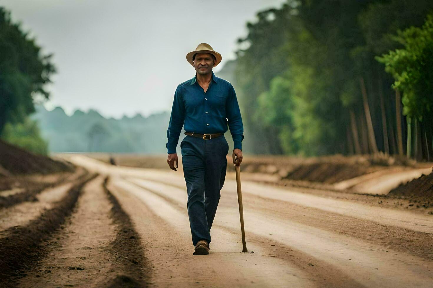 un' uomo a piedi giù un' sporco strada con un' canna. ai-generato foto