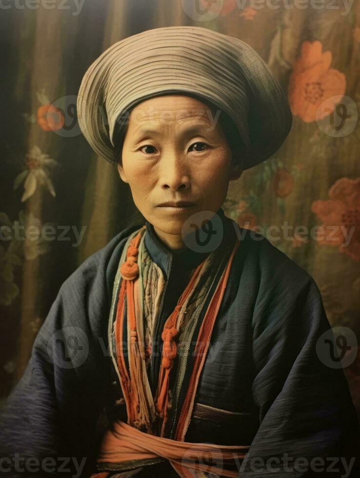 vecchio colorato foto di un' asiatico donna a partire dal il presto 1900 ai generativo