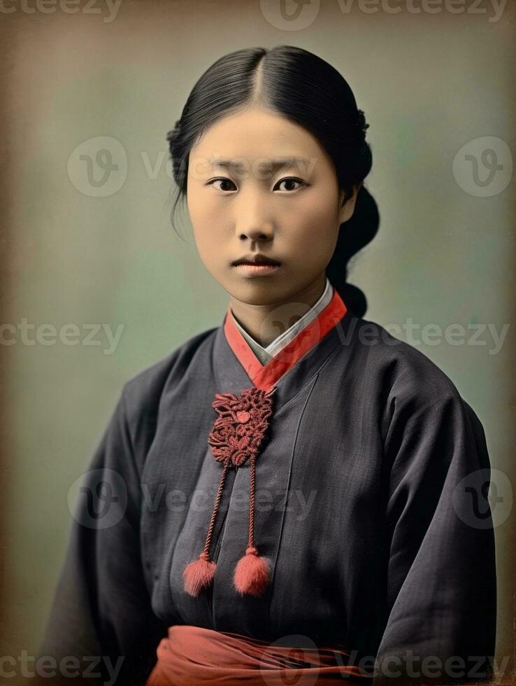 vecchio colorato foto di un' asiatico donna a partire dal il presto 1900 ai generativo