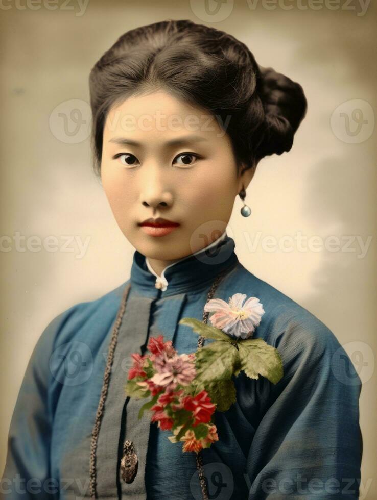 vecchio colorato foto di un' asiatico donna a partire dal il presto 1900 ai generativo