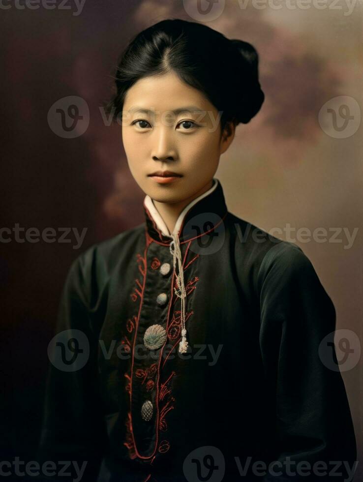 vecchio colorato foto di un' asiatico donna a partire dal il presto 1900 ai generativo