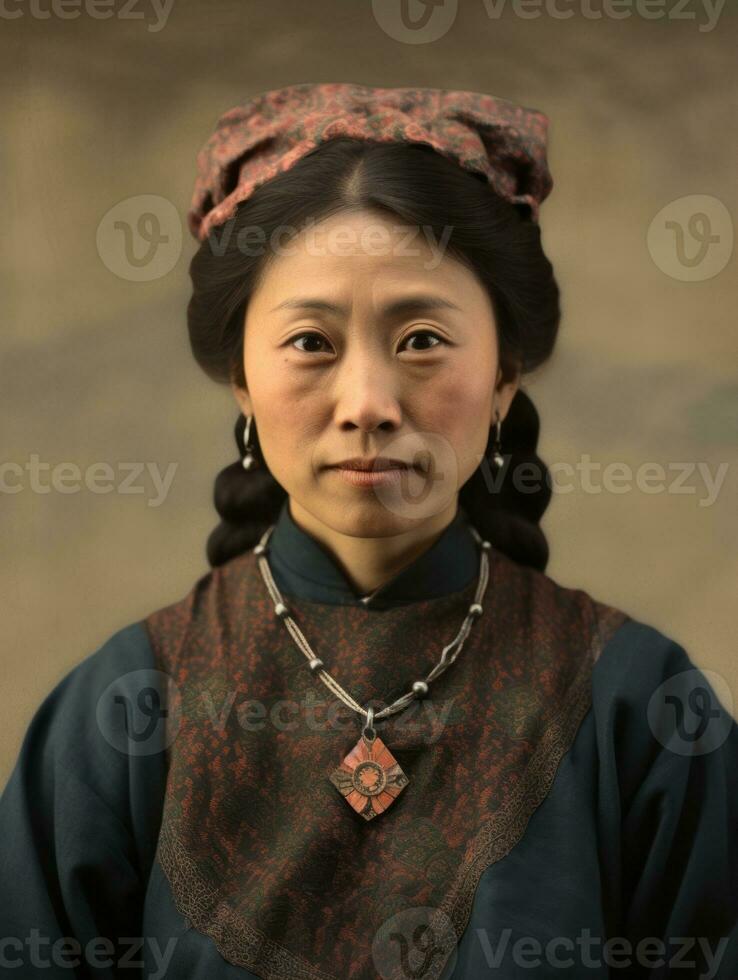 vecchio colorato foto di un' asiatico donna a partire dal il presto 1900 ai generativo