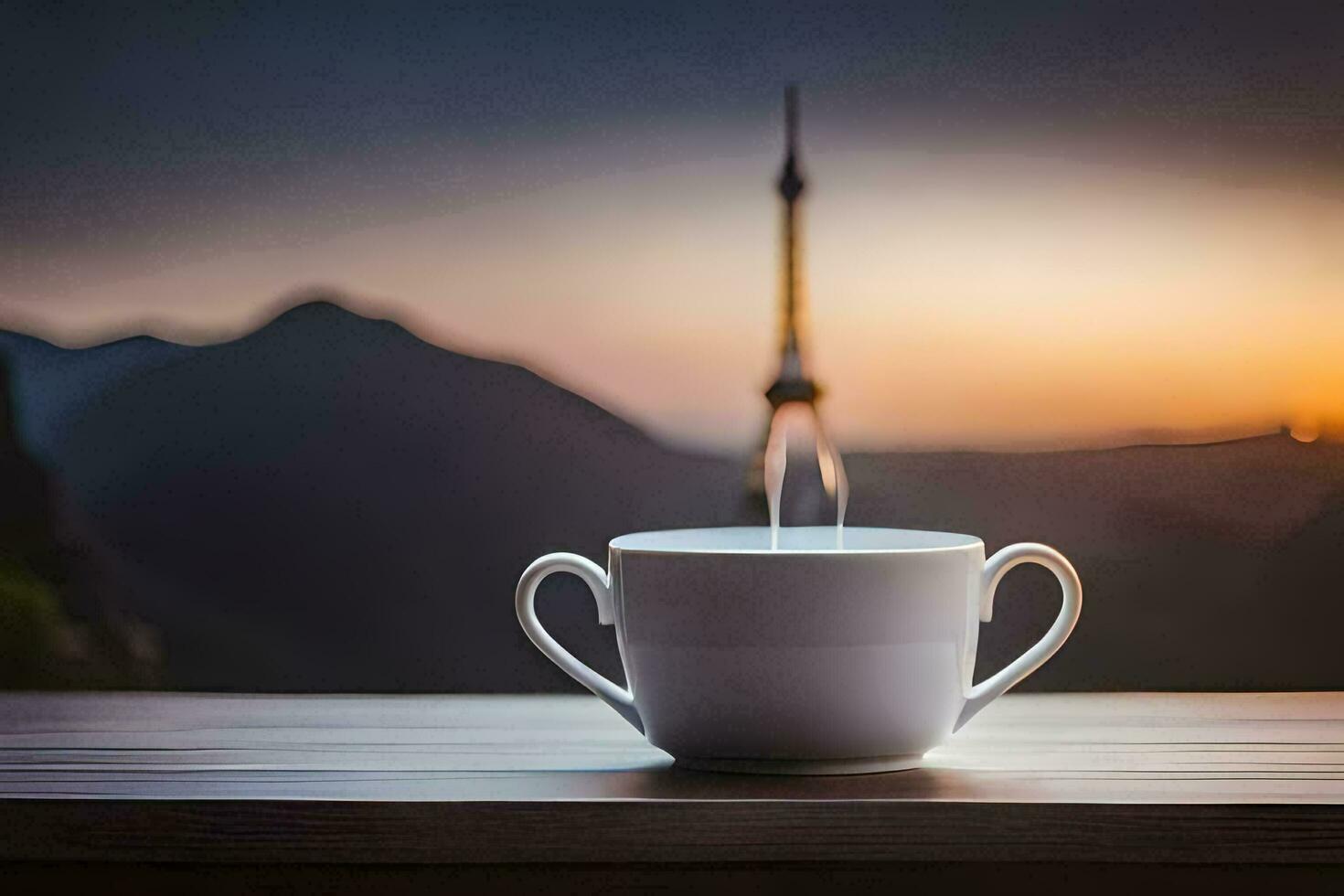 il eiffel Torre nel il sfondo, caffè, tazza, HD sfondo. ai-generato foto