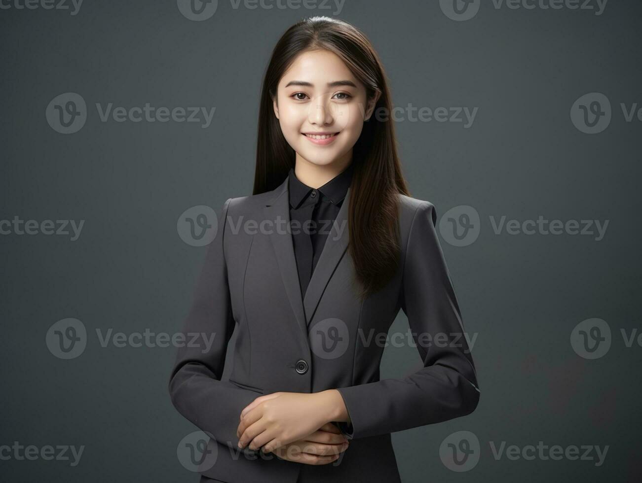 sorridente giovane donna di asiatico discesa vestito nel elegante vestito ai generativo foto