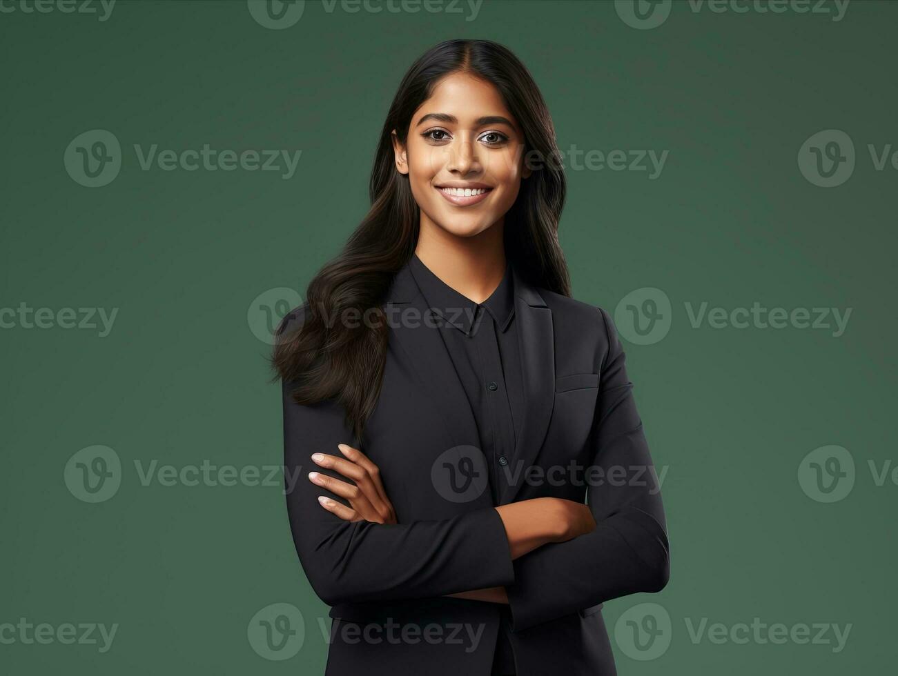 sorridente giovane donna di asiatico discesa vestito nel elegante vestito ai generativo foto