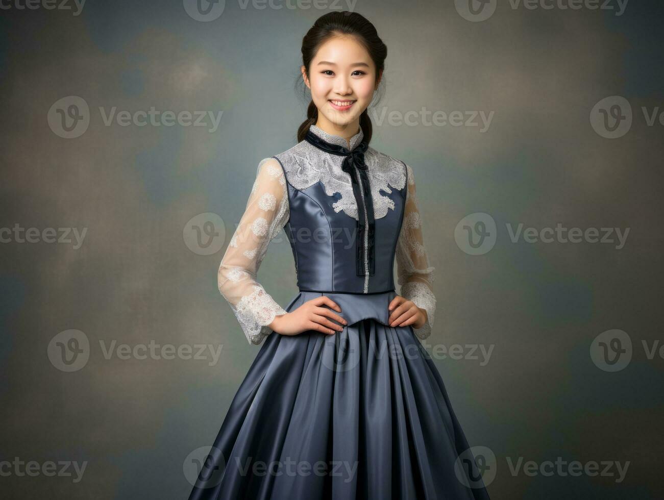 sorridente giovane donna di asiatico discesa vestito nel elegante vestito ai generativo foto