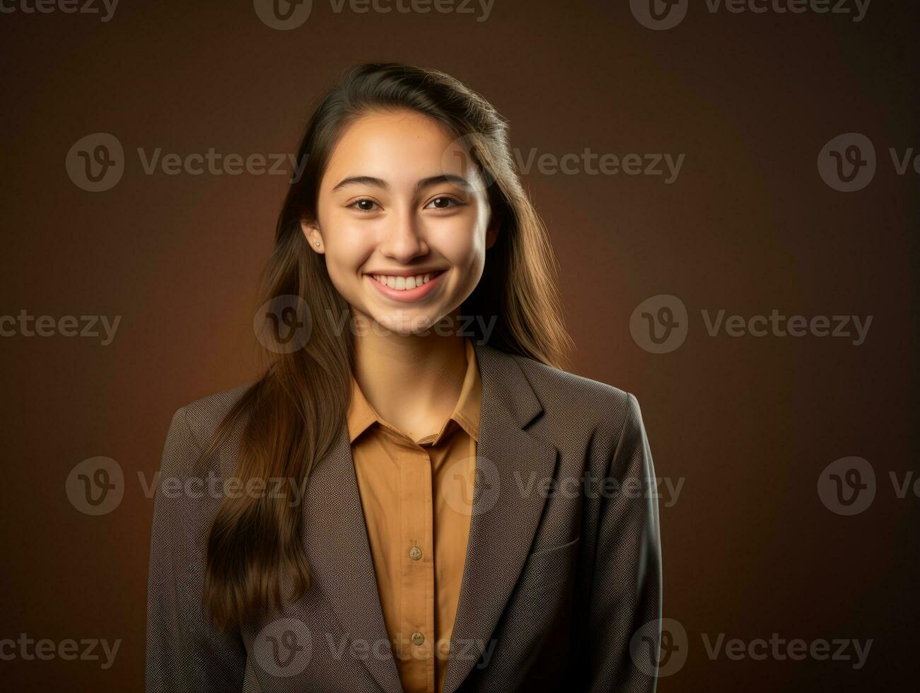 sorridente giovane donna di asiatico discesa vestito nel elegante vestito ai generativo foto