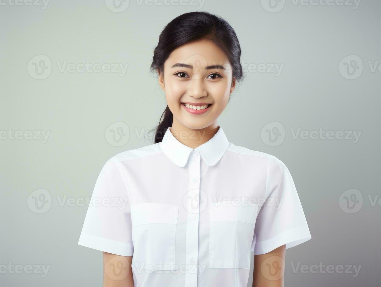 sorridente giovane donna di asiatico discesa vestito nel elegante vestito ai generativo foto