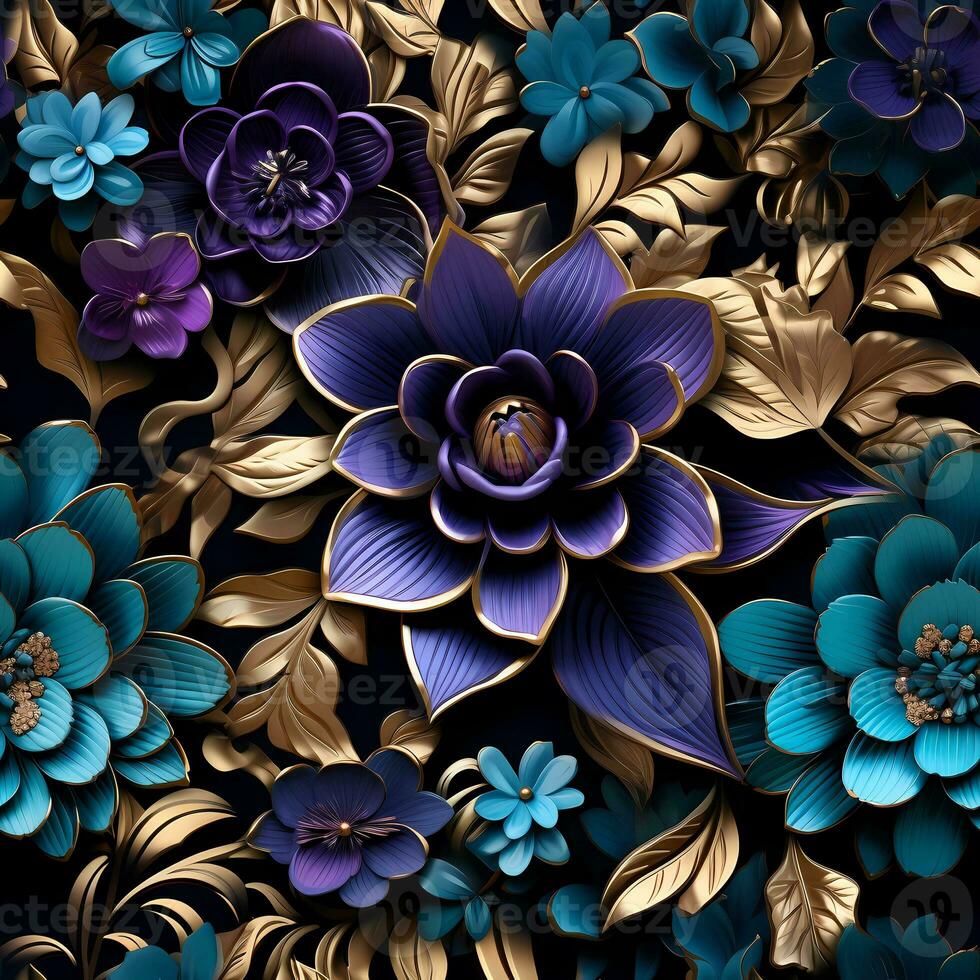 un' bellissimo floreale modello con blu e oro fiori ai generativo foto