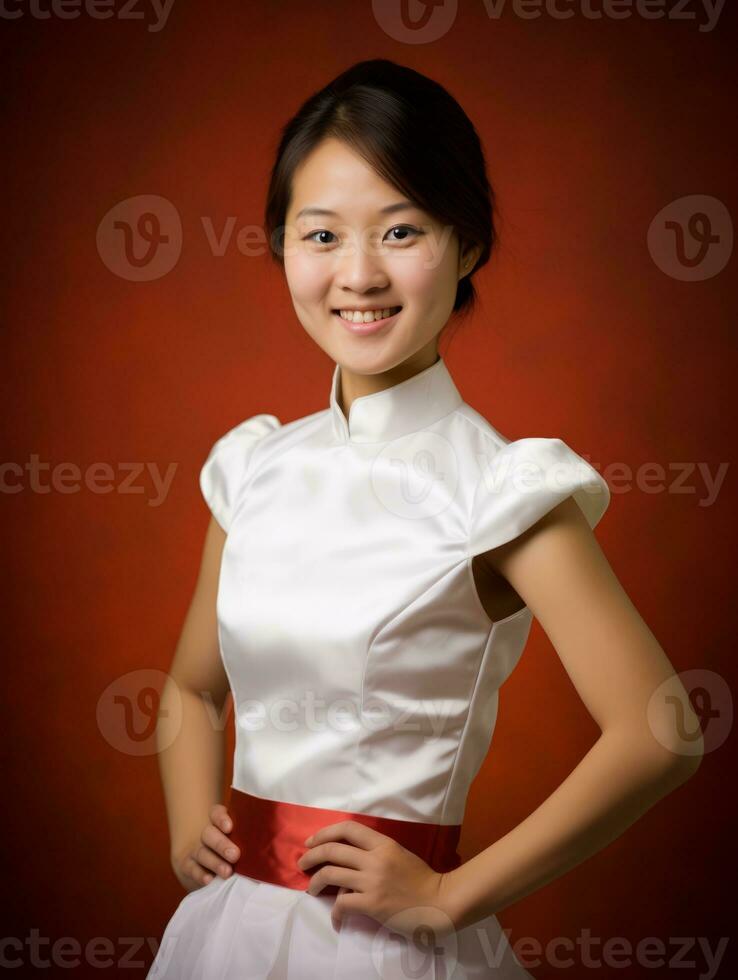 sorridente giovane donna di asiatico discesa vestito nel elegante vestito ai generativo foto