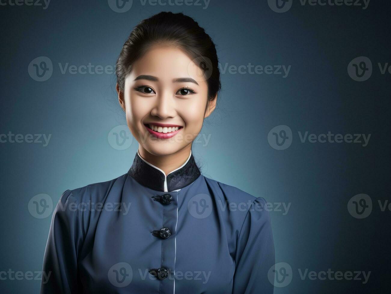 sorridente giovane donna di asiatico discesa vestito nel elegante vestito ai generativo foto