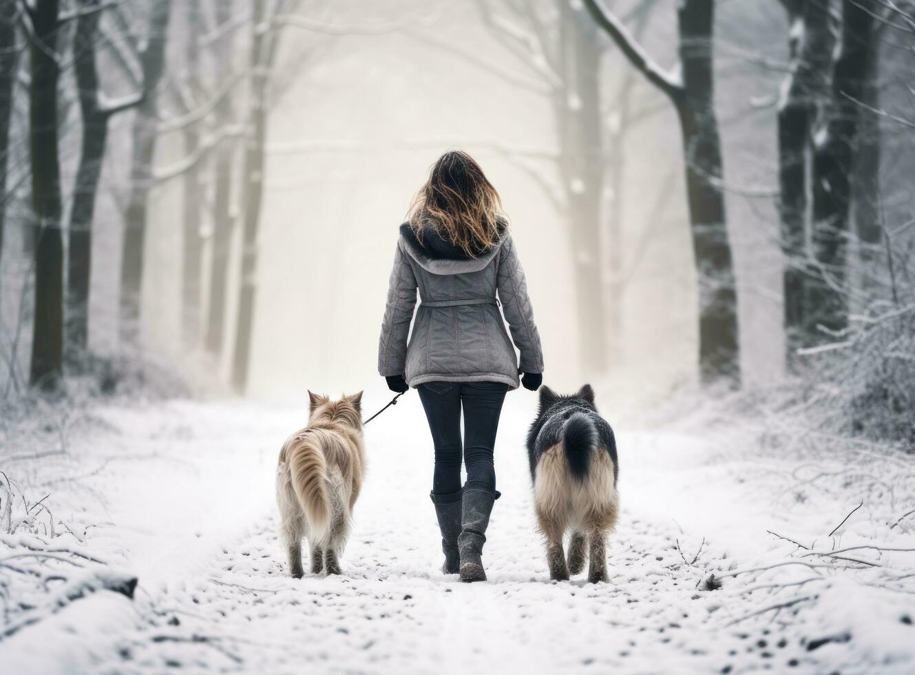 persona a piedi sua cane nel un' boschi nel neve foto