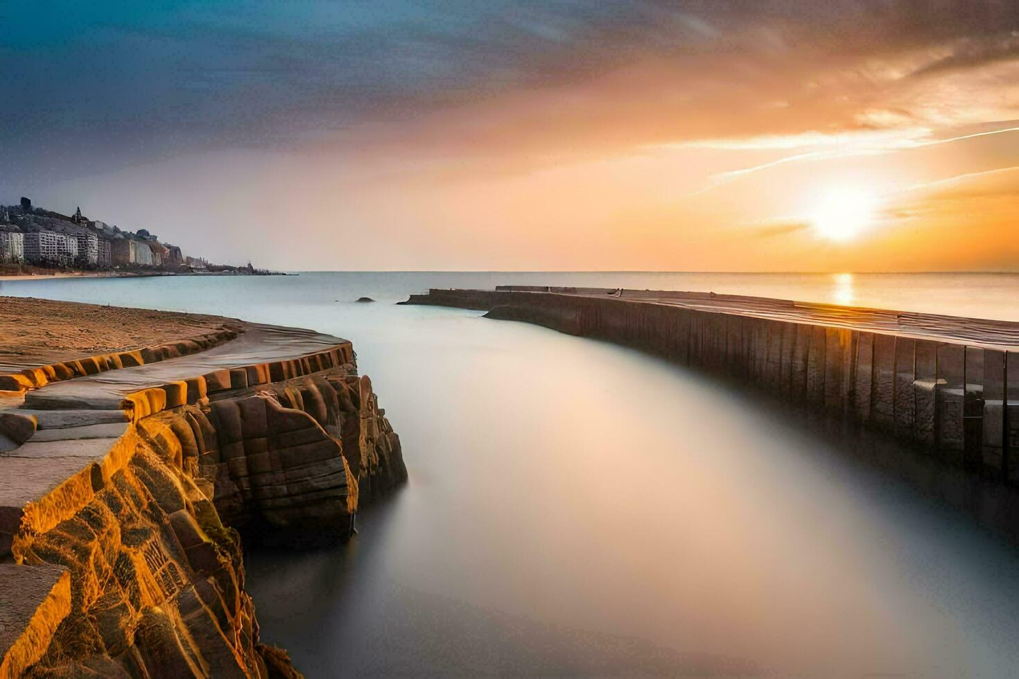 il sole imposta al di sopra di il mare e un' molo. ai-generato foto