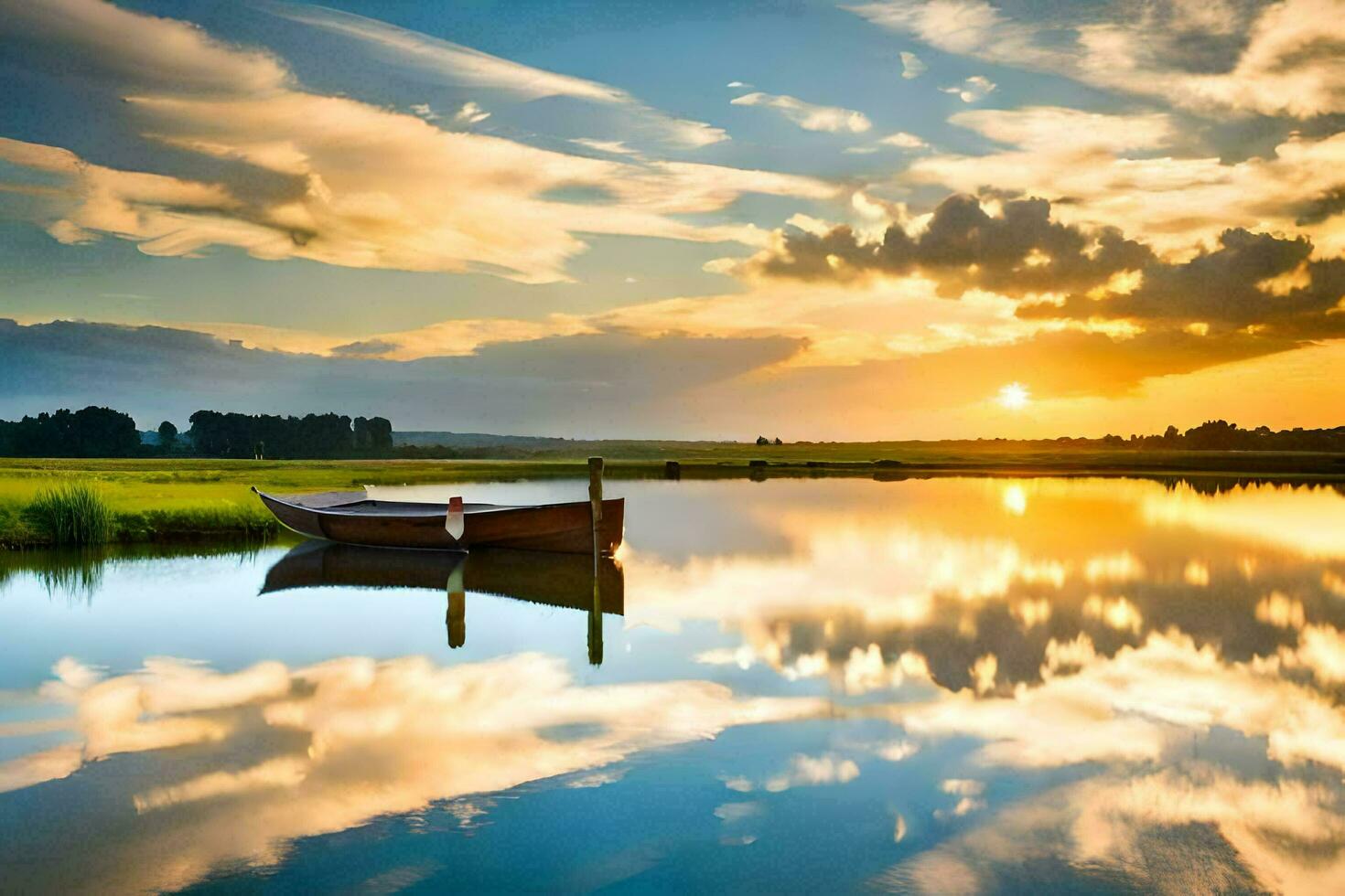 un' barca è seduta su il acqua a tramonto. ai-generato foto