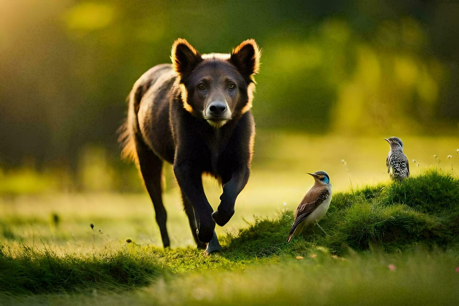 un' Marrone orso a piedi nel il erba con uccelli. ai-generato foto