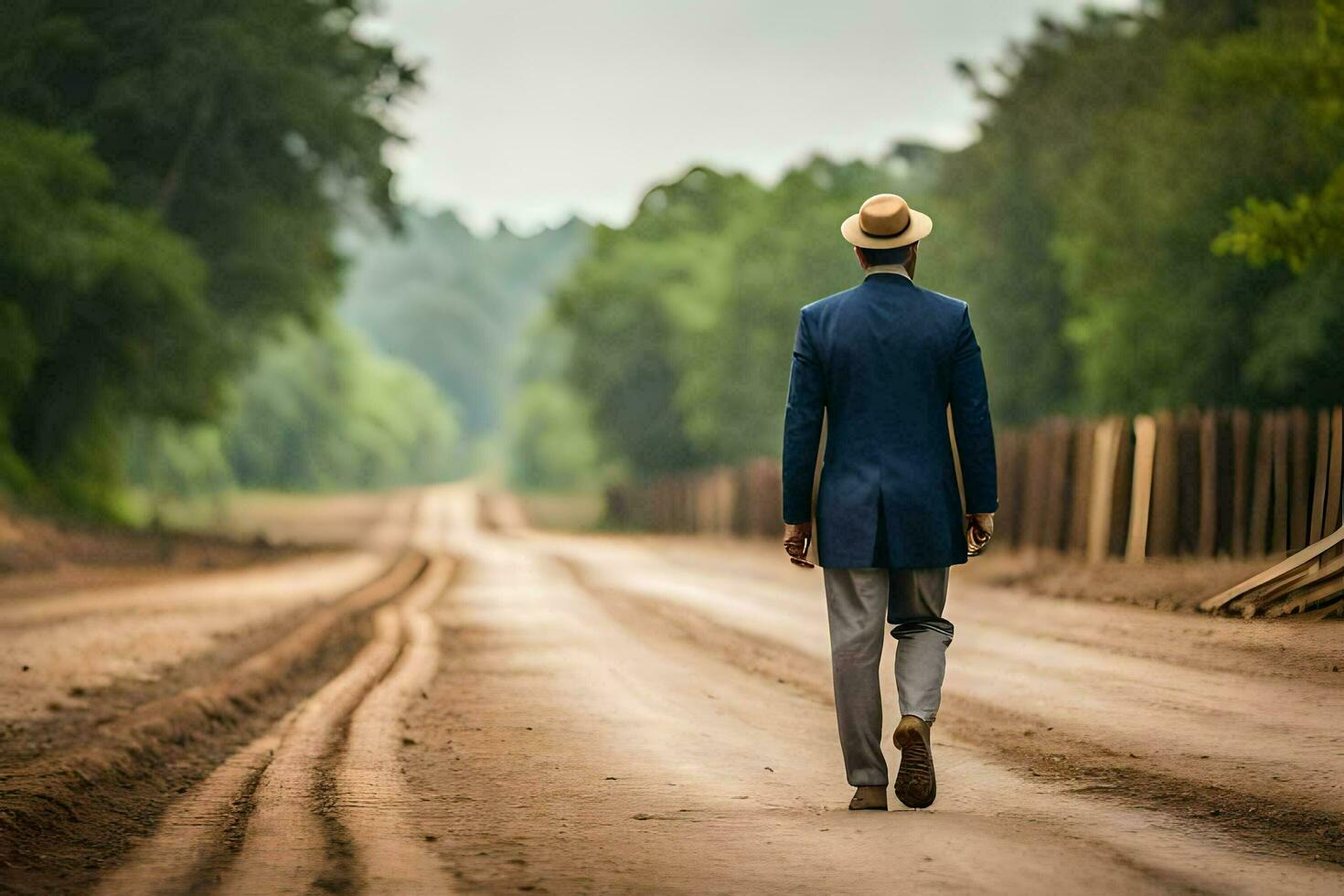 un' uomo nel un' completo da uomo e cappello a piedi giù un' sporco strada. ai-generato foto