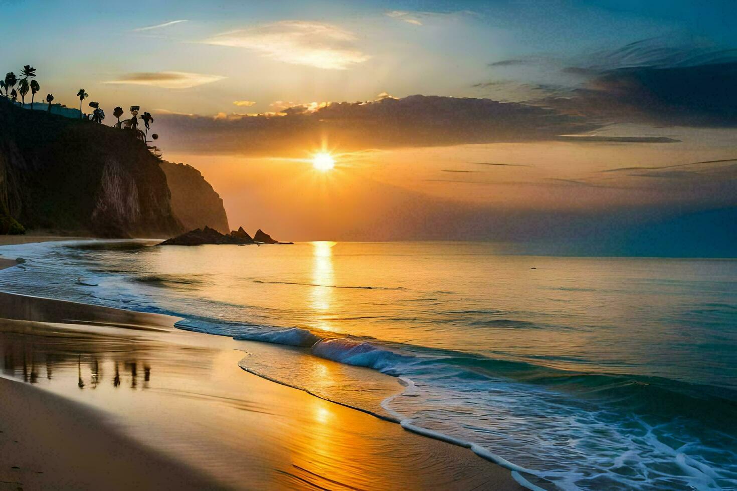 il sole sorge al di sopra di il oceano e il spiaggia. ai-generato foto