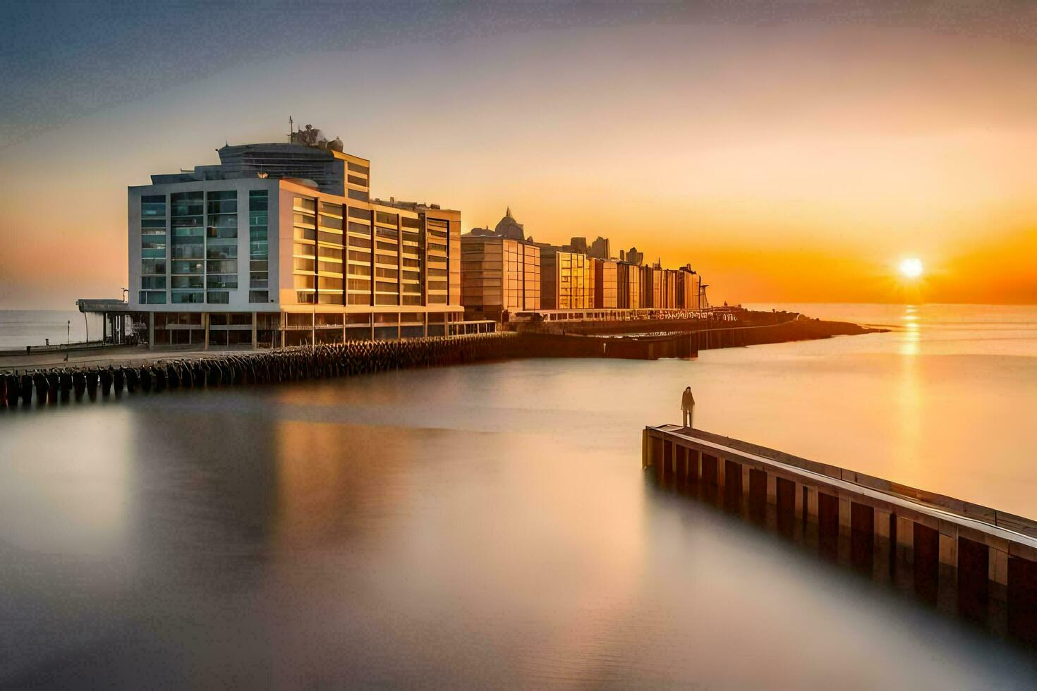 il sole imposta al di sopra di un' città e un' molo. ai-generato foto