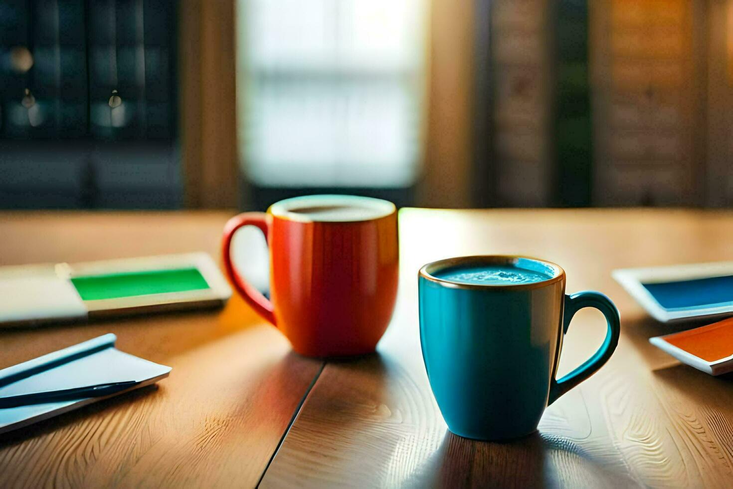 Due colorato caffè tazze sedersi su un' di legno tavolo. ai-generato foto