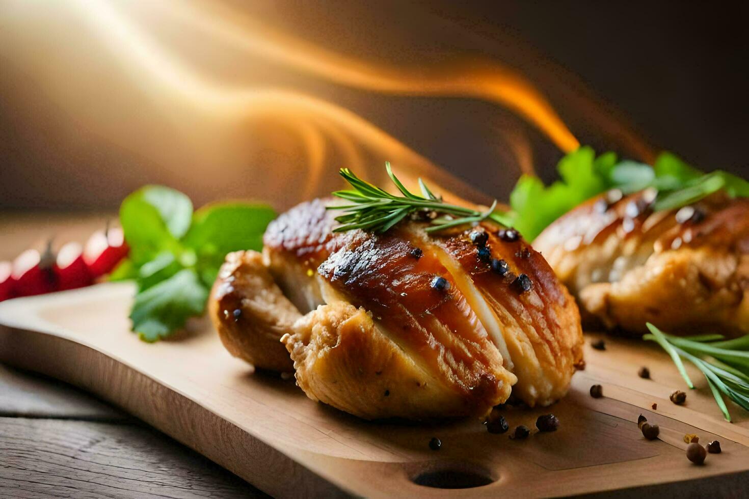 Due pollo seni su un' taglio tavola con erbe aromatiche. ai-generato foto