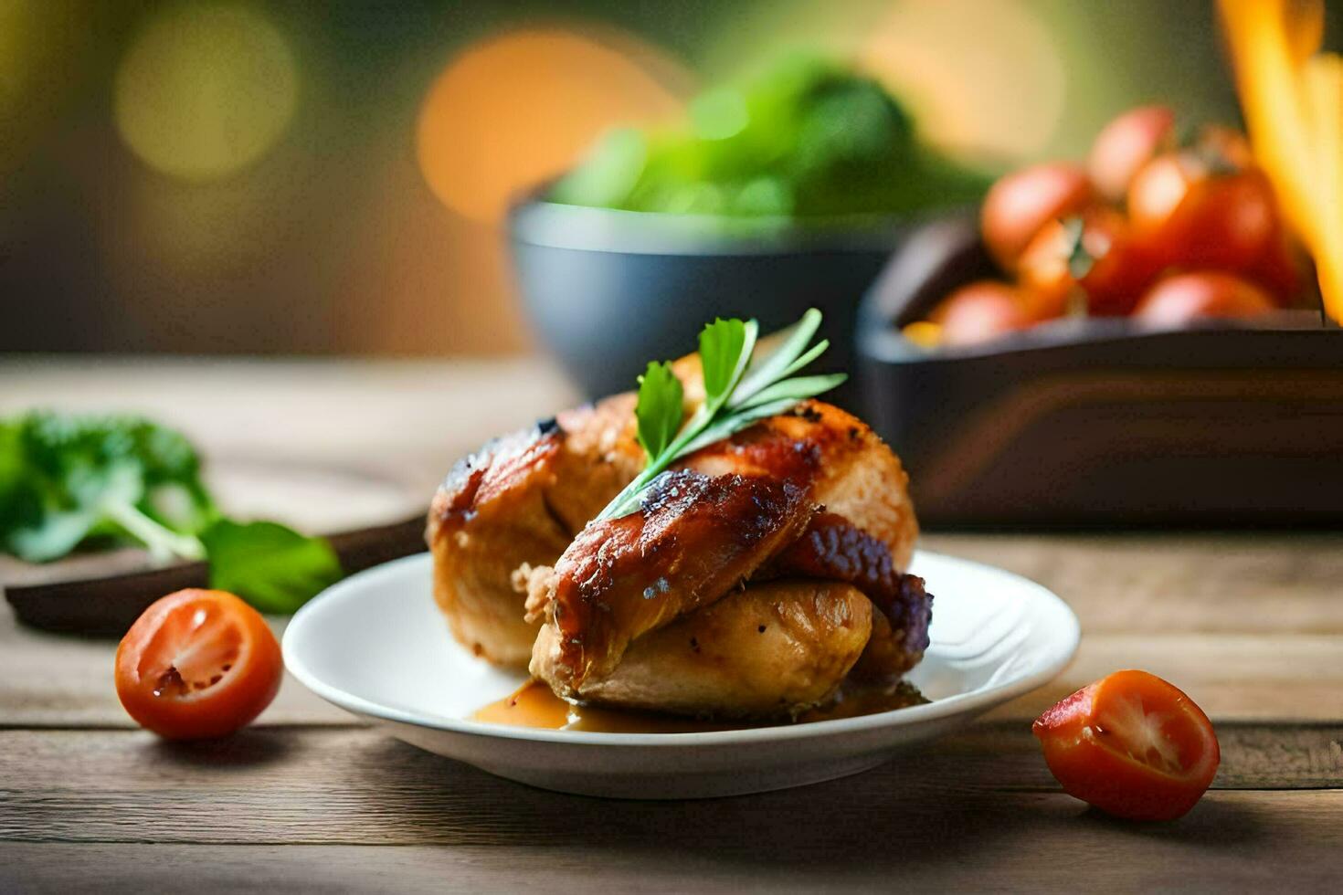 un' piatto di pollo con pomodori e erbe aromatiche. ai-generato foto