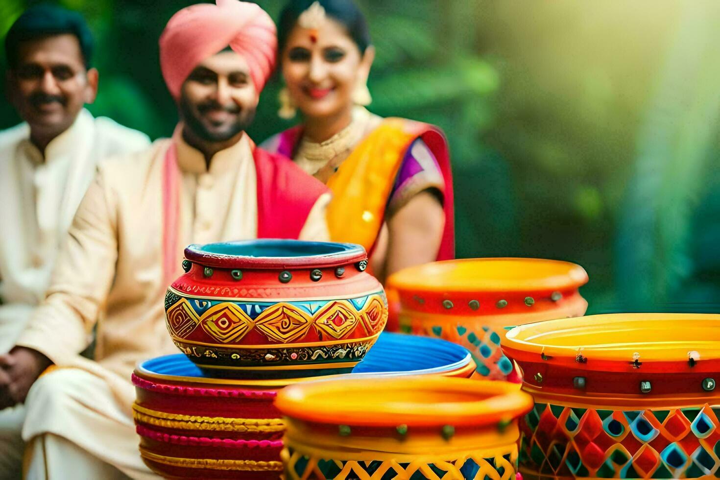 indiano nozze coppia con colorato pentole. ai-generato foto