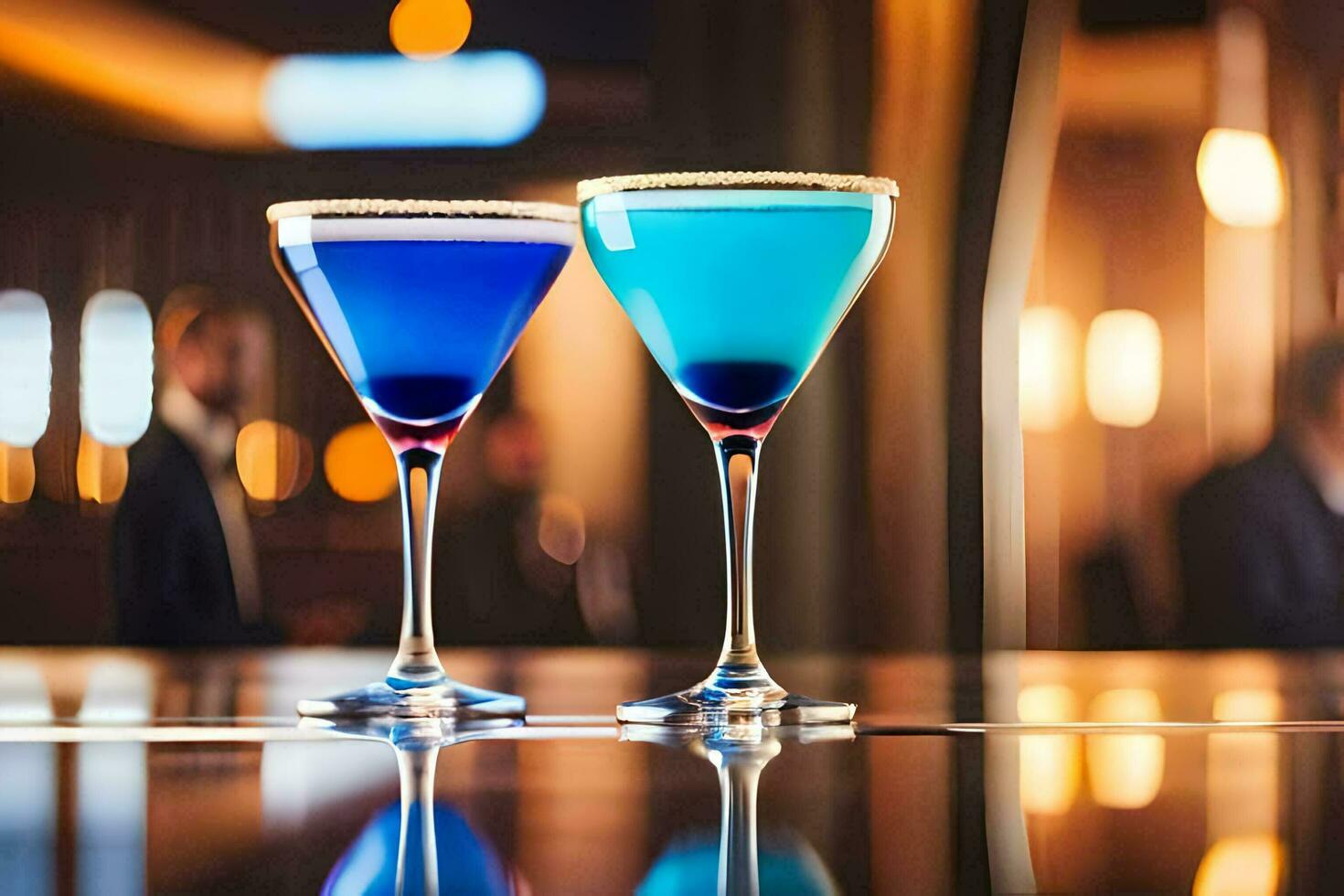 Due blu e uno rosso cocktail bicchieri su un' sbarra. ai-generato foto