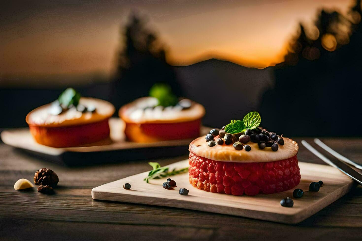 Due piccolo torte su un' di legno tavola con un' tramonto nel il sfondo. ai-generato foto