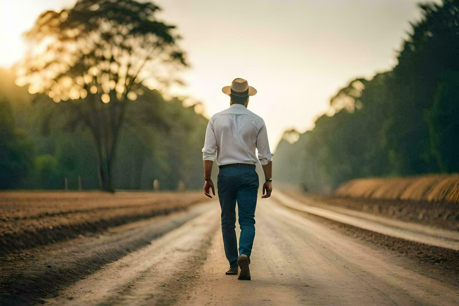 un' uomo nel un' cappello passeggiate giù un' sporco strada. ai-generato foto