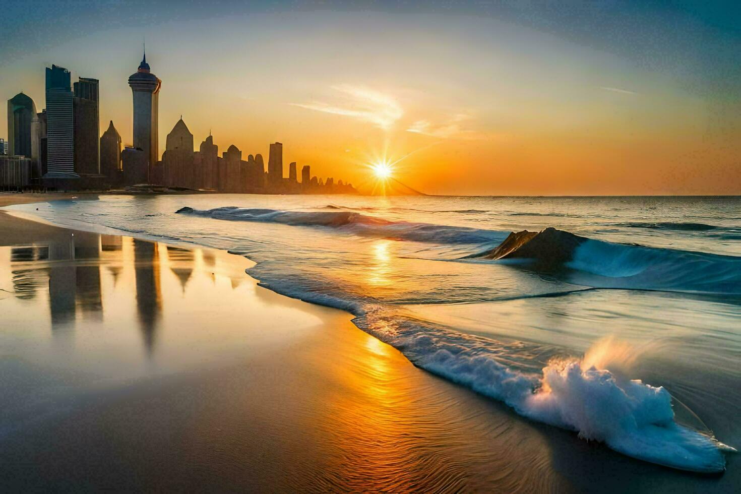 il sole imposta al di sopra di il città orizzonte nel dubai. ai-generato foto