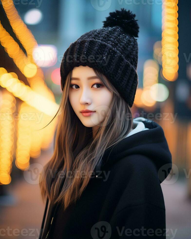 un' allegro coreano ragazza indossare felpa con cappuccio e maglia cappello ai generativo foto