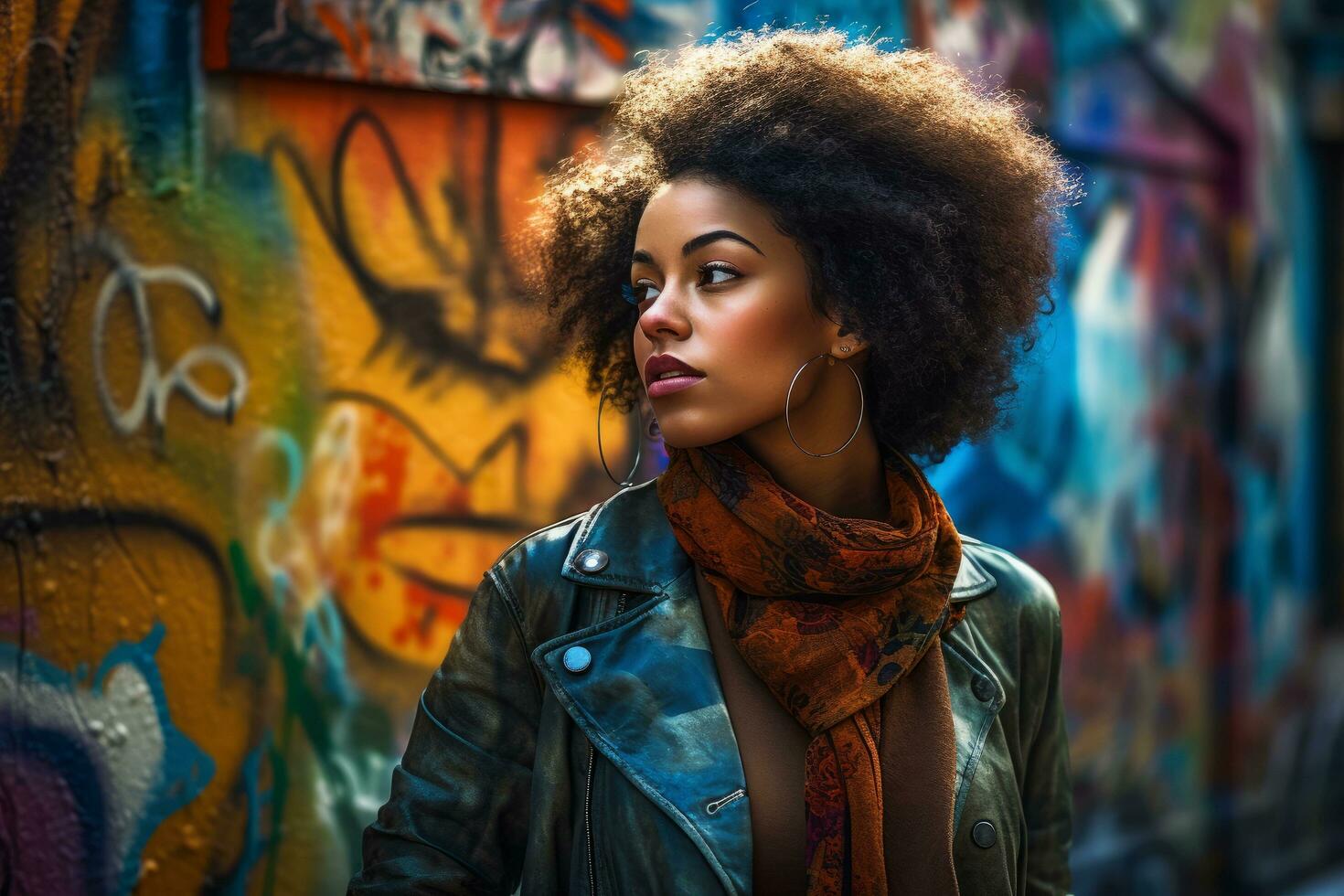 un' giovane donna in posa nel davanti di un' colorato e artistico graffiti murale, indossare un' alla moda vestito, con un' senso di fiducia e stile. concetto di creatività e espressione di se. generativo ai foto