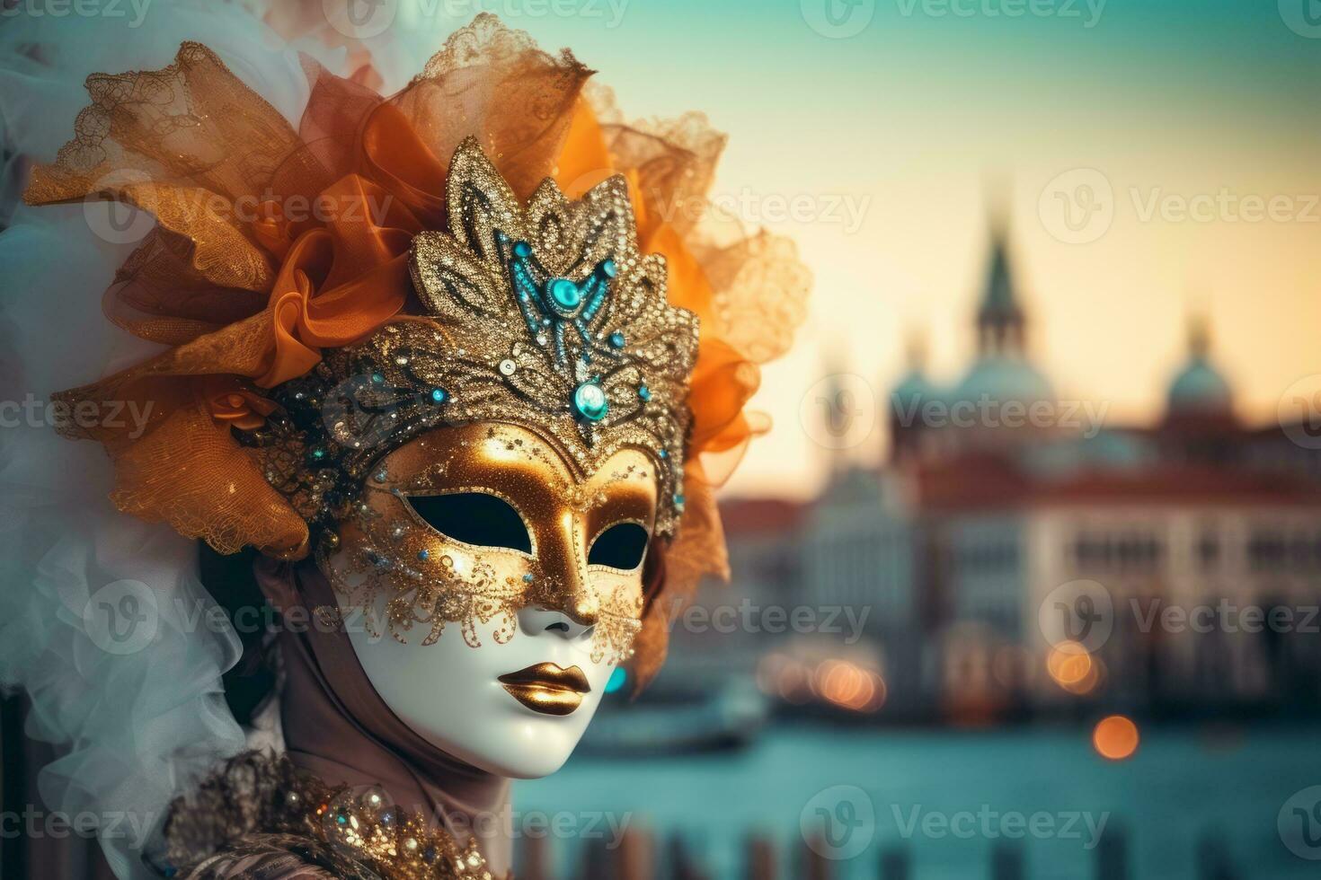 veneziano carnevale maschera logoro di un' elegante modello, con un'  sfocato paesaggio urbano nel il sfondo, mescolanza moda e cultura per  appello per un' contemporaneo pubblico. generativo ai 31548879 Stock Photo  su