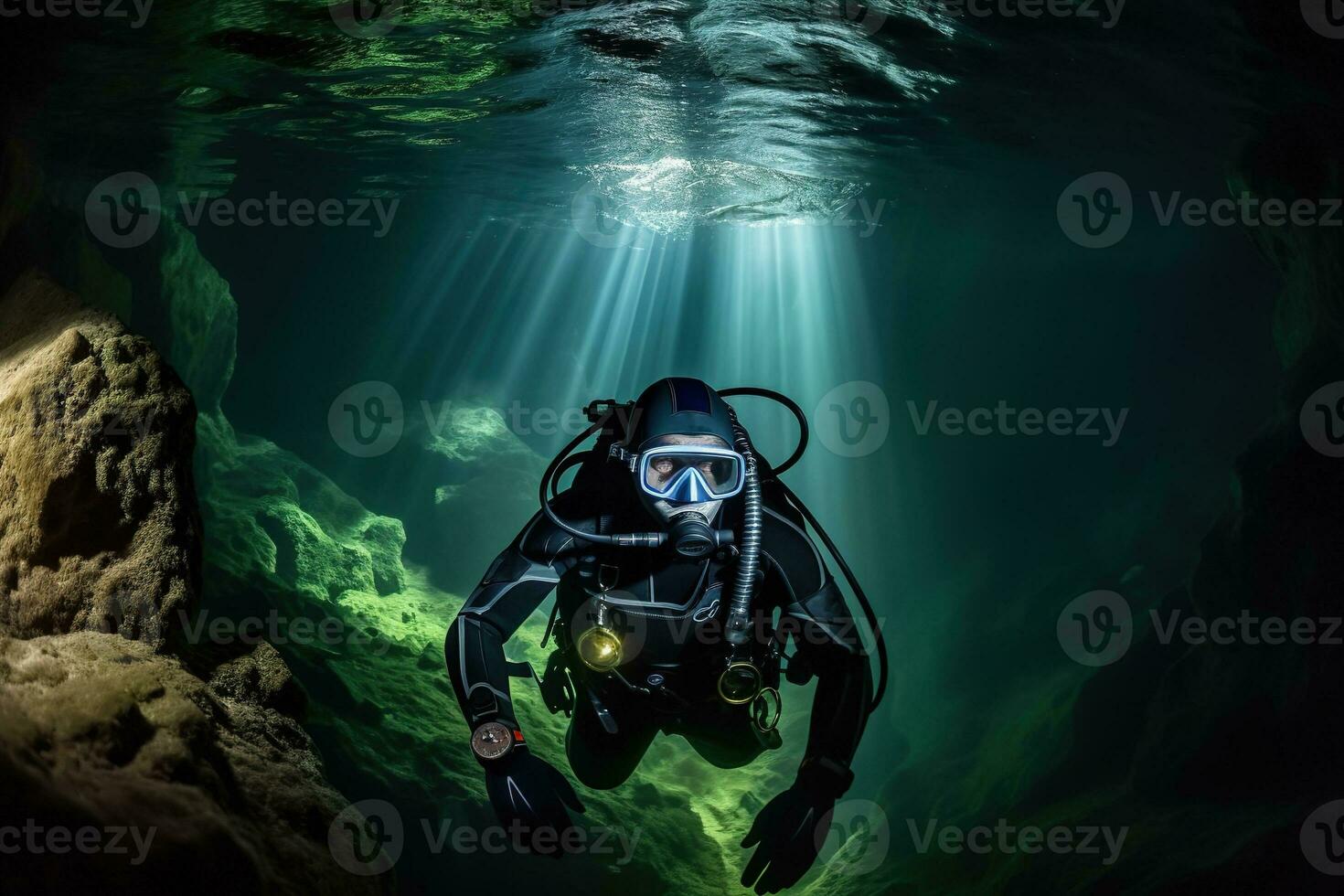 un' gruppo di diversi esplorando un subacqueo grotta sistema. il acqua dovrebbero essere buio e oscuro, con travi di leggero splendente attraverso a partire dal sopra. generativo ai foto