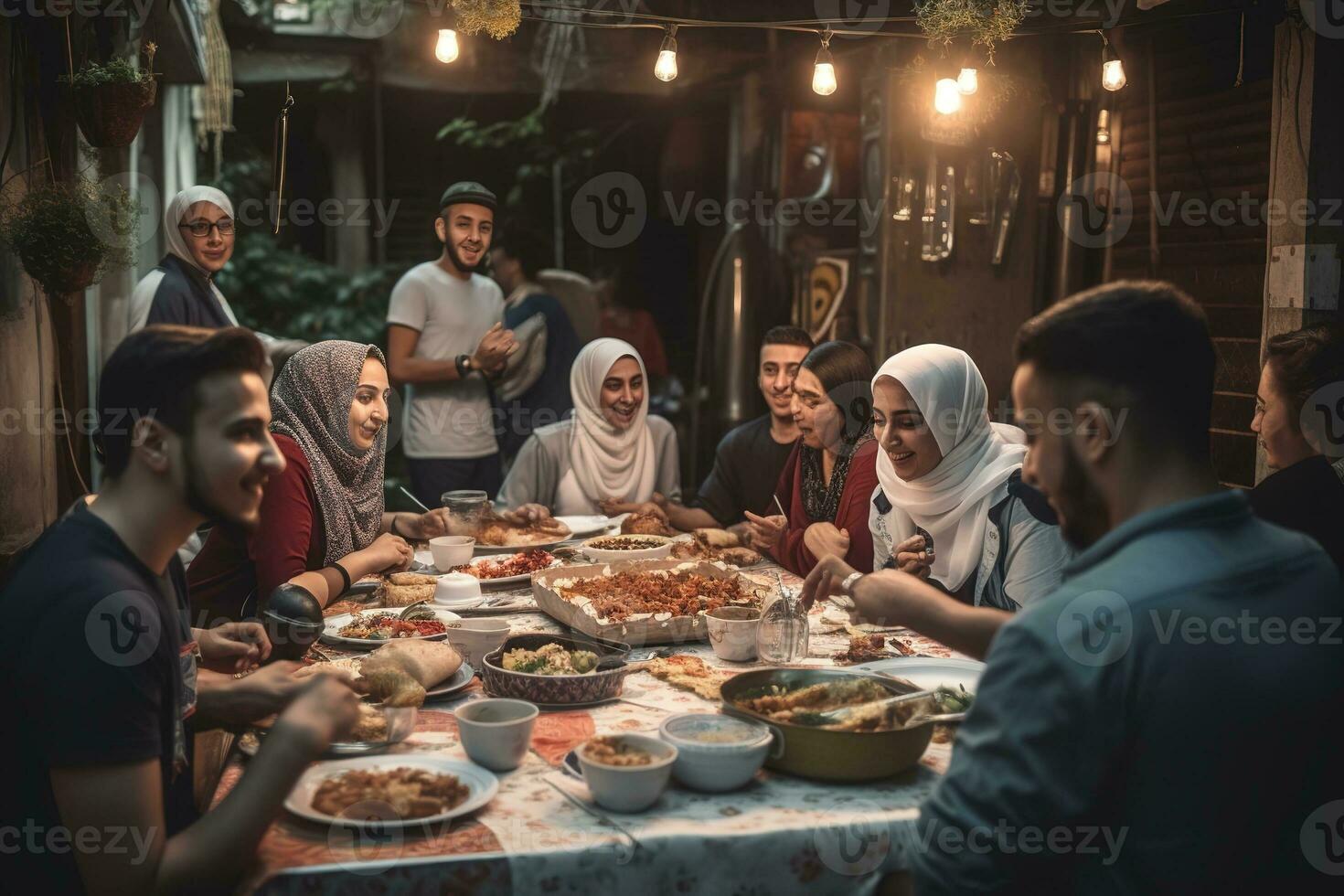 un' gruppo di persone rottura loro veloce insieme. un' tavolo pieno di tradizionale Ramadan Alimenti nel il primo piano. gioia e solidarieta di il occasione, con il persone mostrato sorridente. generativo ai foto