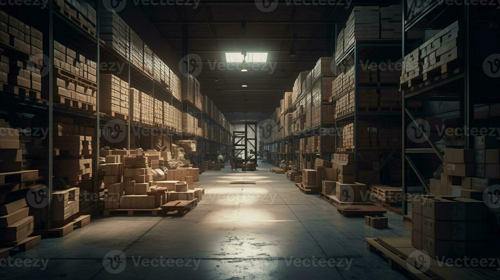 un' grande pulito magazzino con cartone scatole e prodotti. generativo ai. foto