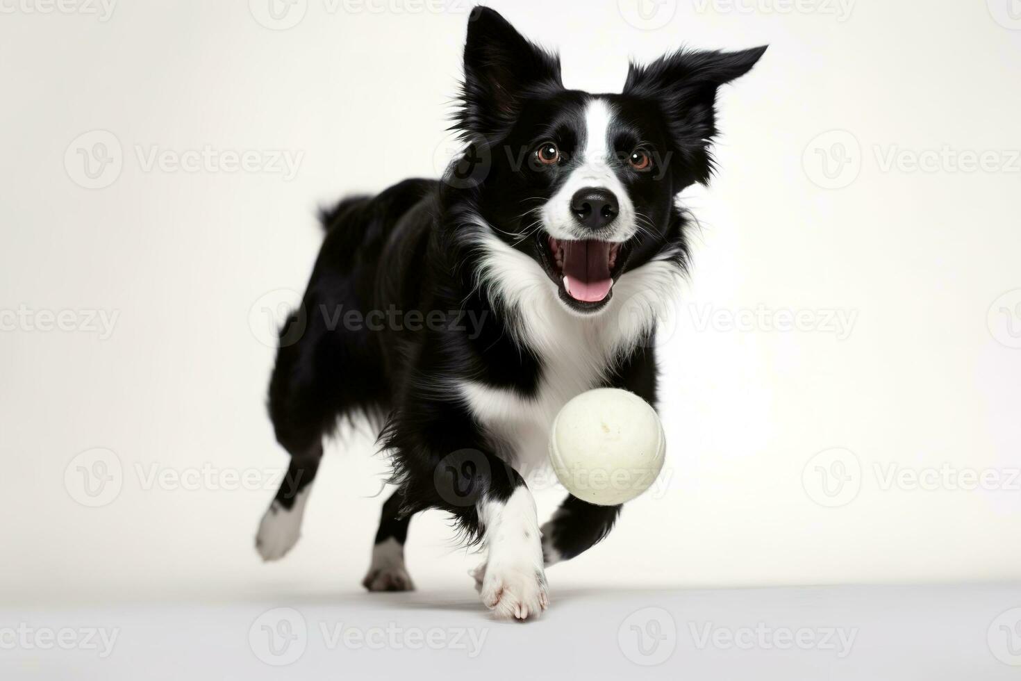 un' giocoso, azione tiro di un' cane felicemente attraente un' giocattolo sfera, cattura il canino energia, agilità, e amore per ricreazione su bianca sfondo. generativo ai foto