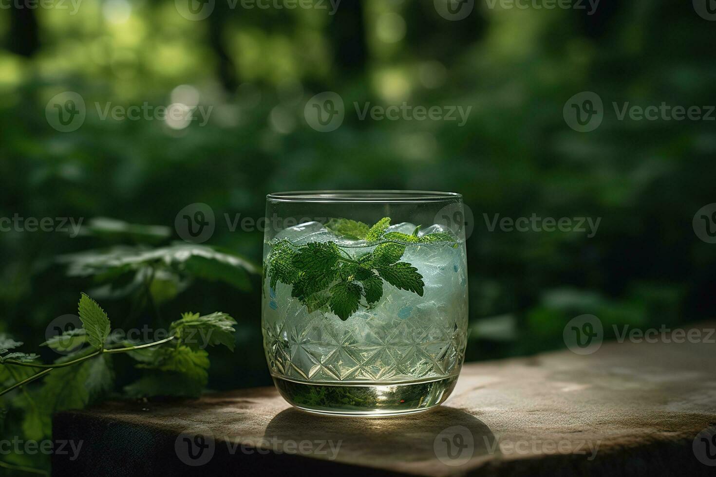 un' rinfrescante cocktail, in mostra un' botanico a base di gin bere, guarnito con fresco erbe aromatiche, come come basilico o timo, e servito nel un' elegante, moderno bicchiere. generativo ai foto