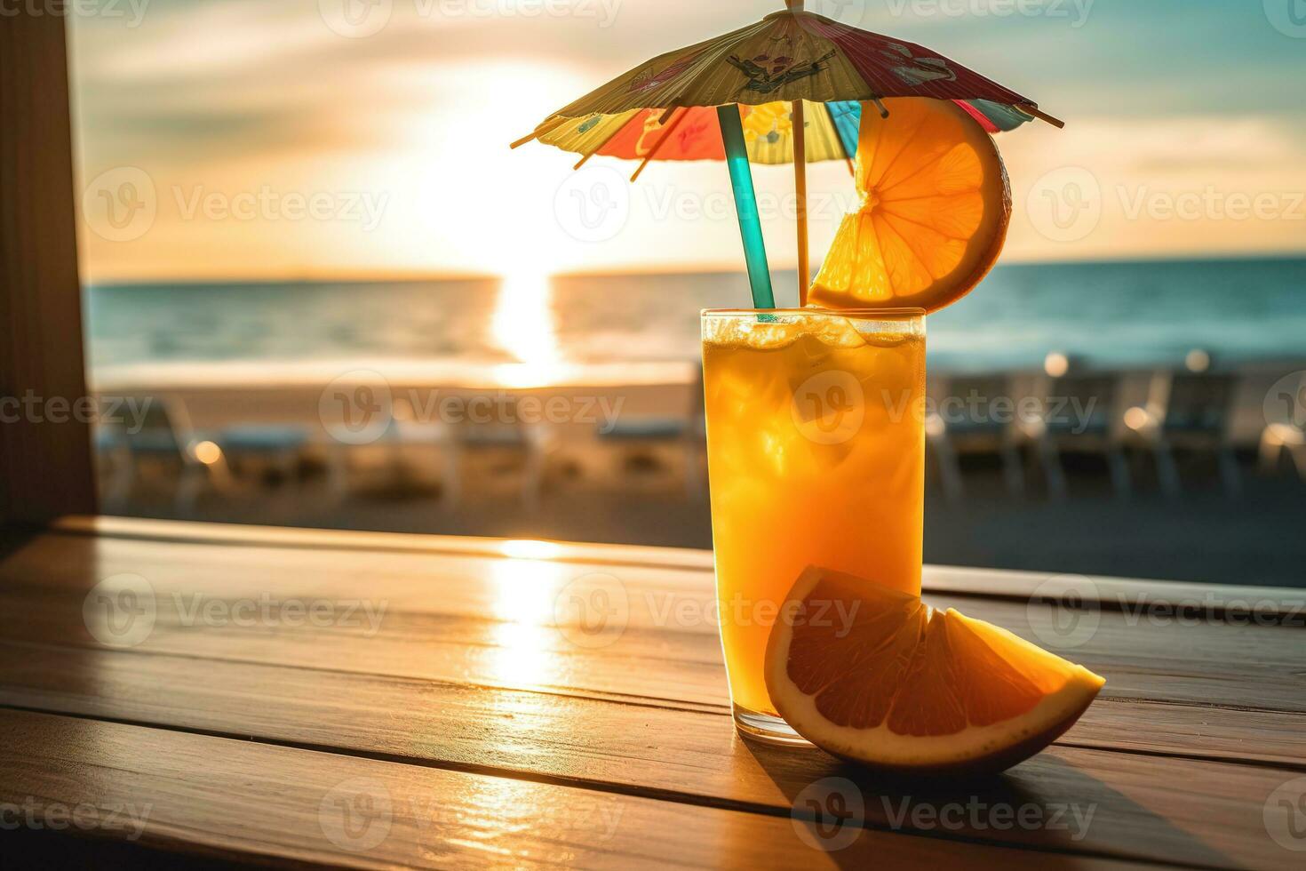 un' rinfrescante, tropicale cocktail, servito nel un' elegante bicchiere e guarnito con un' vivace carta ombrello, fresco frutta, e un' colorato cannuccia, impostato contro un' illuminata dal sole spiaggia sfondo. generativo ai foto