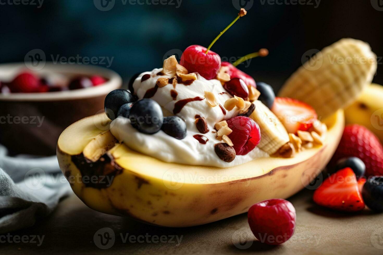 un' allettante, avvicinamento tiro di un' vegano con senza lattosio ghiaccio crema, fresco frutta, e naturale dolcificanti. punti salienti il dolce sano appello. generativo ai foto