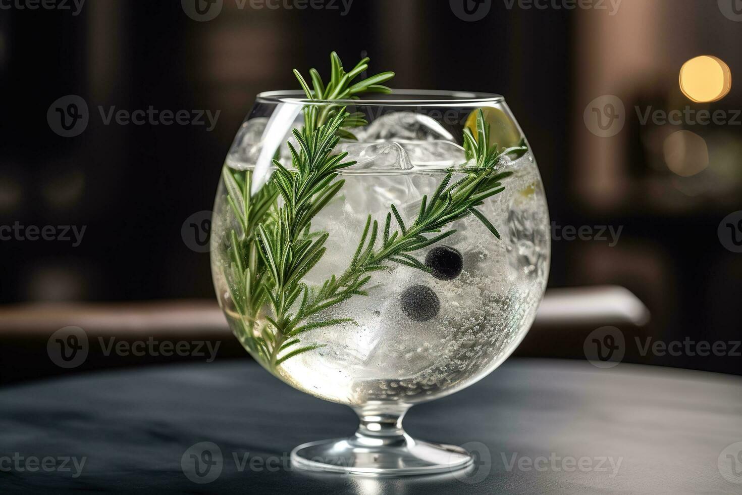 artigianale Gin e Tonico, servito nel un' di grandi dimensioni, Palloncino bicchiere con un' varietà di botanico guarnisce, come come cetriolo, rosmarino, e ginepro frutti di bosco, su un' minimalista, marmo bar superiore. generativo ai foto