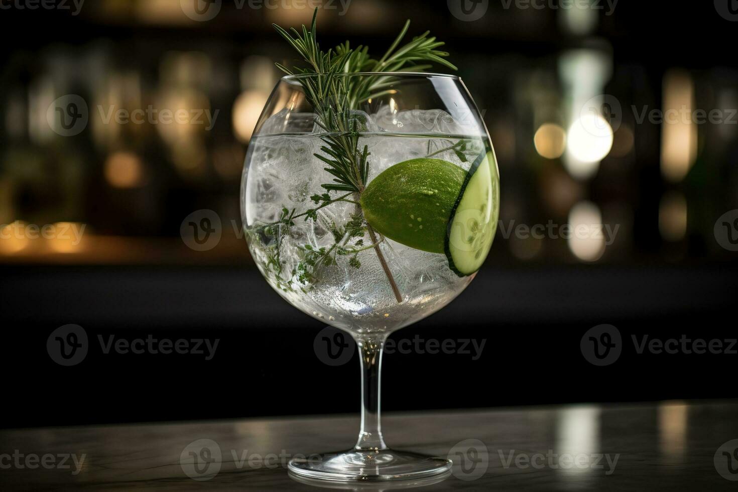 artigianale Gin e Tonico, servito nel un' di grandi dimensioni, Palloncino bicchiere con un' varietà di botanico guarnisce, come come cetriolo, rosmarino, e ginepro frutti di bosco, su un' minimalista, marmo bar superiore. generativo ai foto