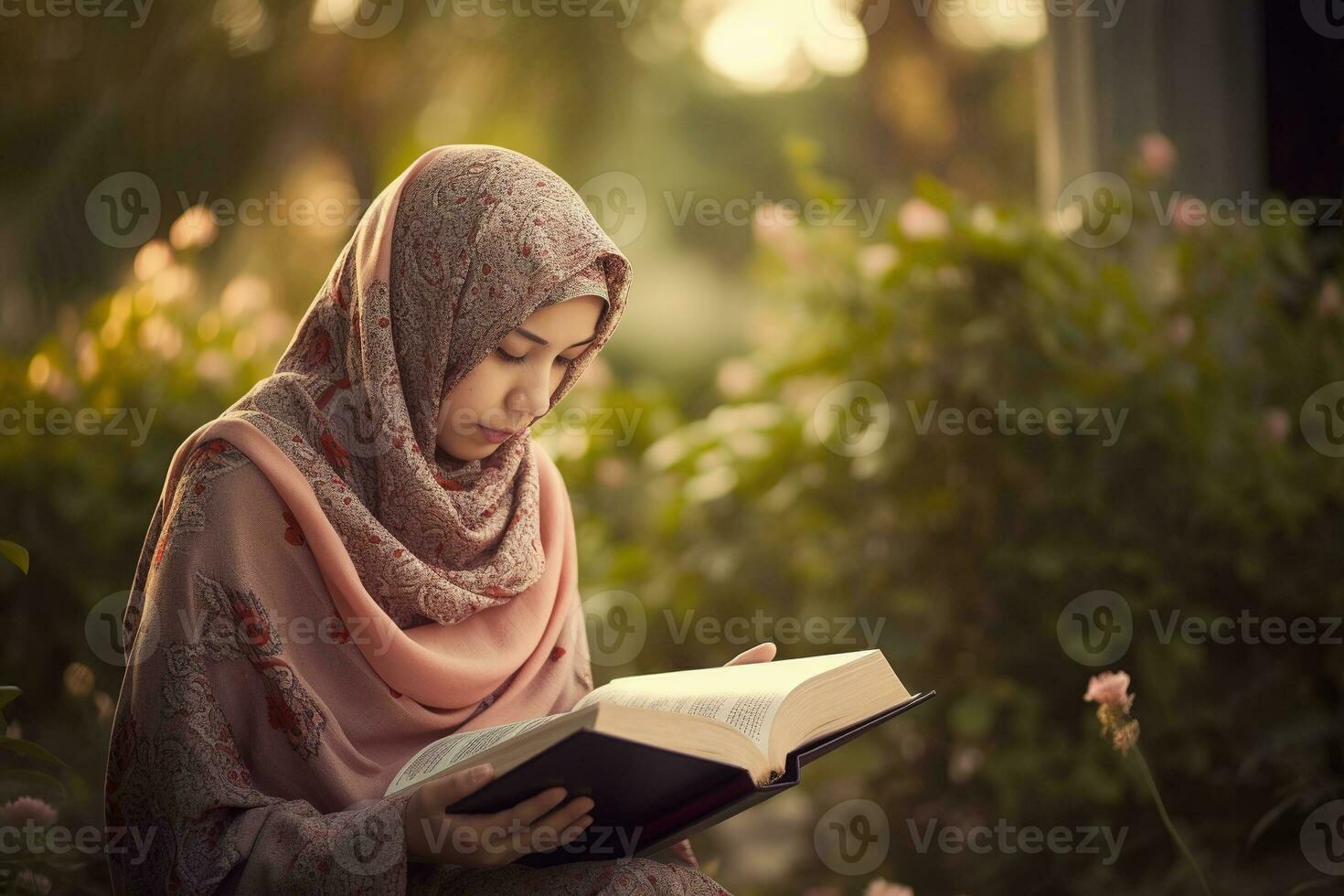 un' donna lettura il corano. il messa a fuoco su il donna S tranquillo, calmo espressione come lei legge il santo libro. il sfondo essere sfocato per dare il Immagine un' onirico. generativo ai foto