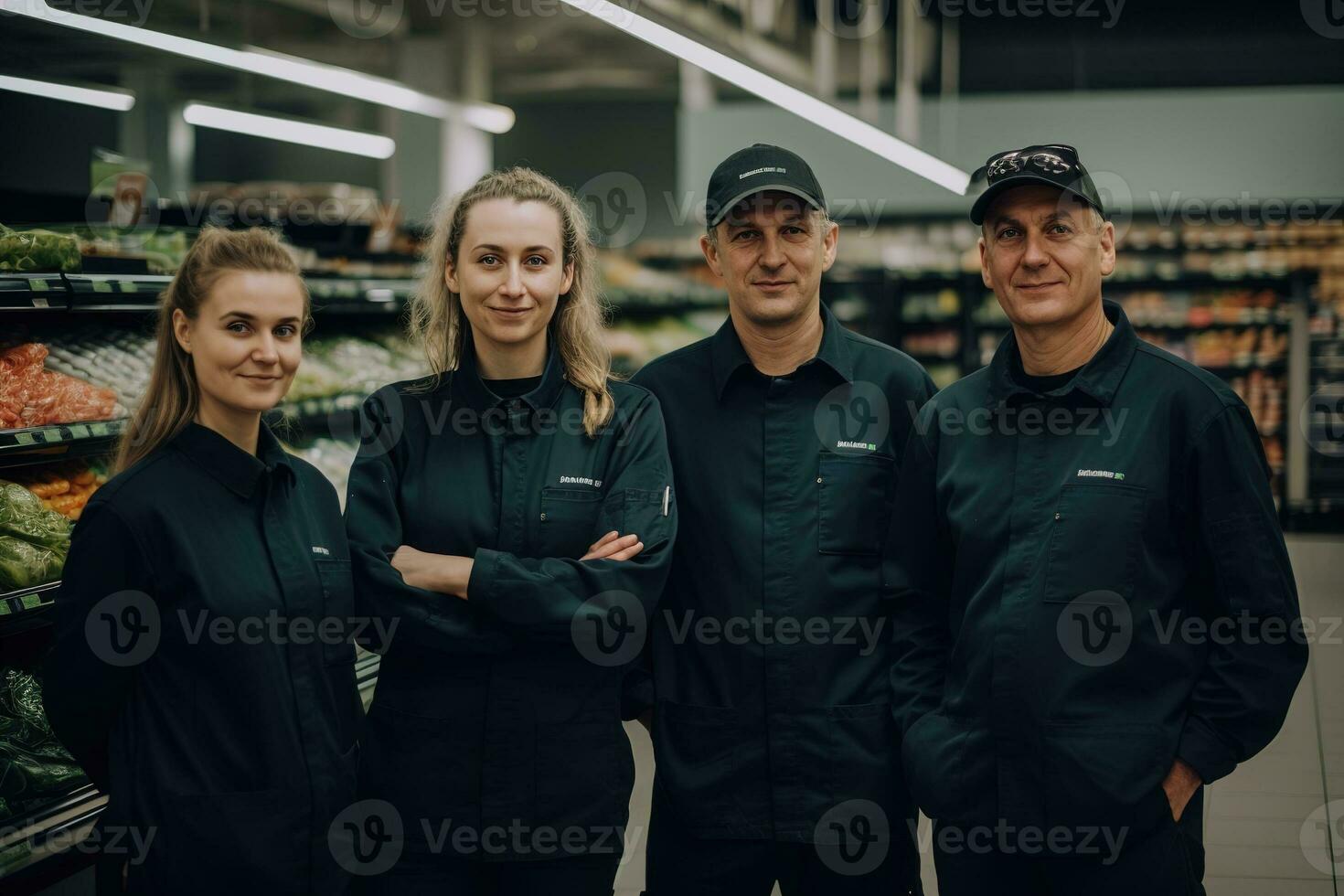 pubblicità ritratto tiro di un' lavoratore squadra in piedi insieme nel un' supermercato e essi Guarda a il telecamera. generativo ai foto