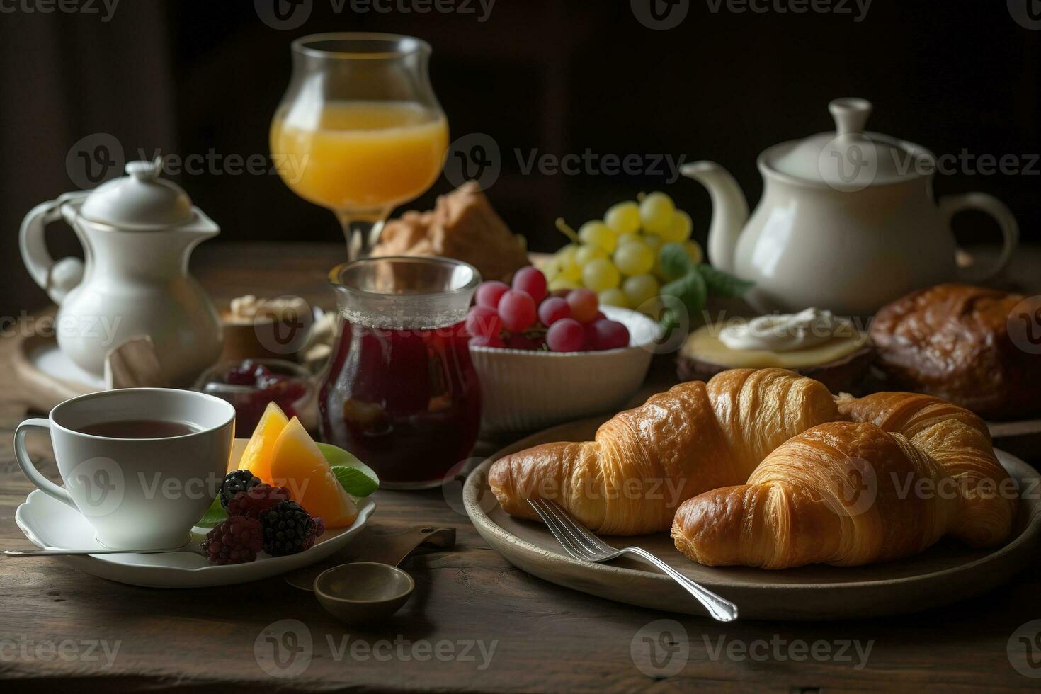 di ispirazione francese prima colazione di burroso, fragili Cornetti, servito con un' selezione di frutta conserve, morbido formaggio, e un' pentola di appena fermentato caffè. generativo ai foto