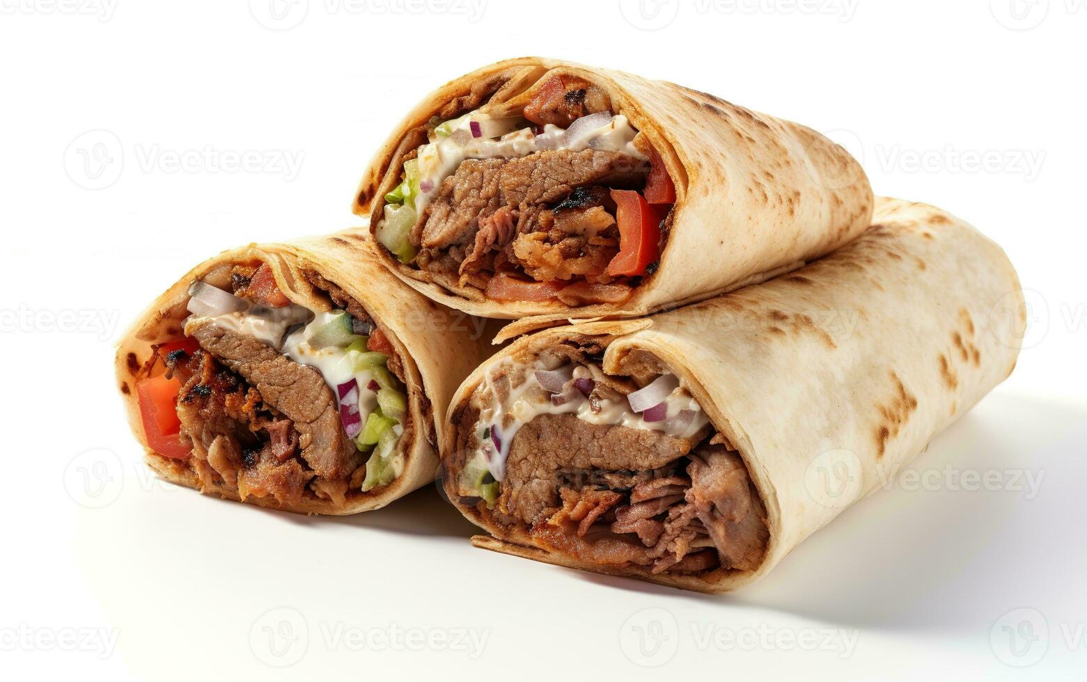 doner kebab rotoli , un' shawarma nel un' fossa di fresco verdure e carne. concetto menu e annuncio. generativo ai foto